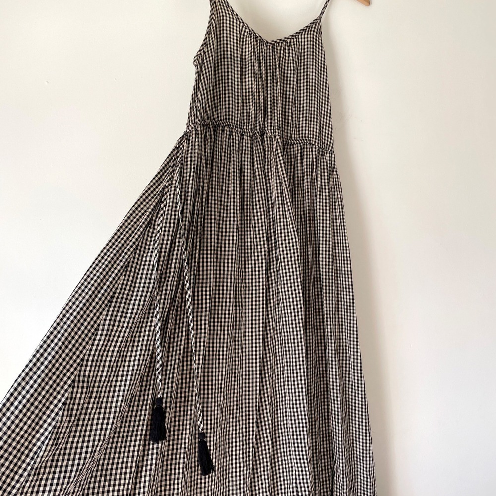 Gingham High Low Maxi Dress Medium Black White Tassel Tie Open Back Cottage